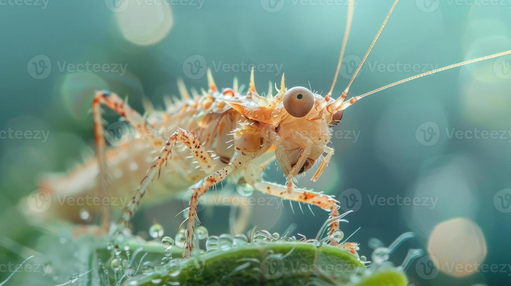 A close-up photograph of a mantis insect perched on the edge of a green leaf. photo