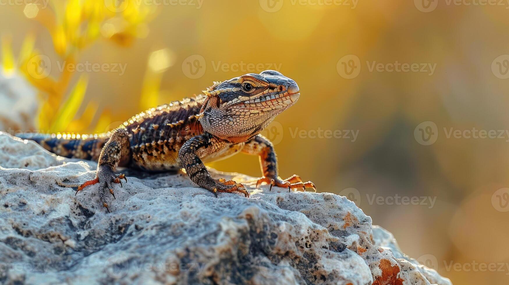 A lizard is perched on a rock, showcasing its vibrant colors and intricate patterns. photo