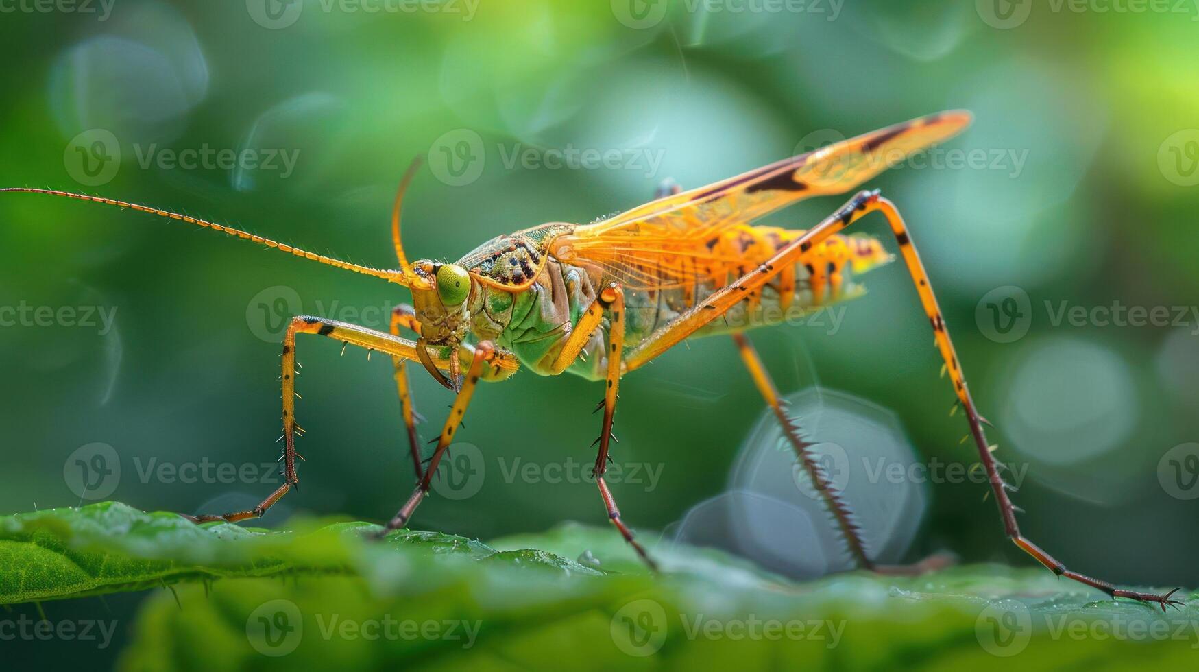 A close-up shot of a grasshopper perched on a leaf. photo