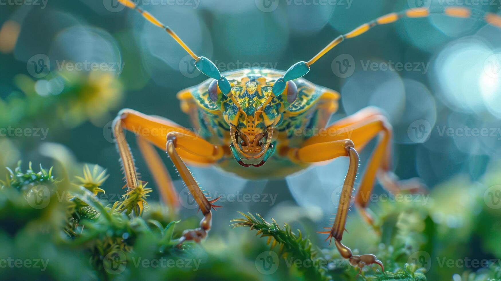 A close-up shot of a grasshopper's face, showcasing its vibrant colors and intricate details. photo