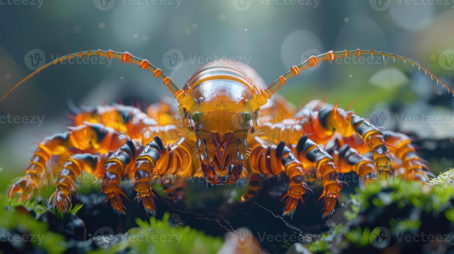 A close-up image of a spider with intricate details and vibrant colors, showcasing its unique features such as its eight legs and fangs. photo