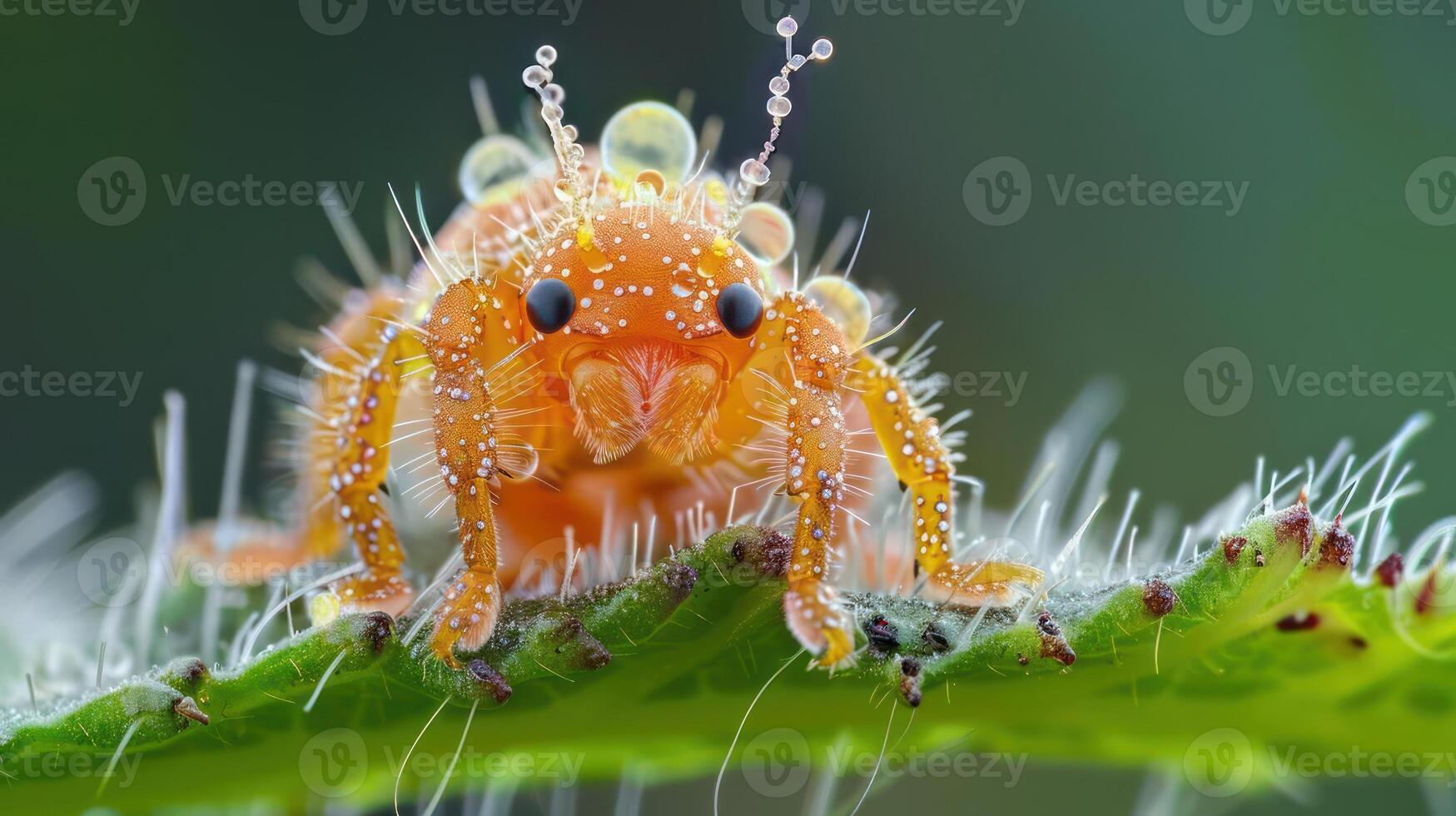 A close-up shot of an orange spider with white spots on its body sitting on a green leaf. photo