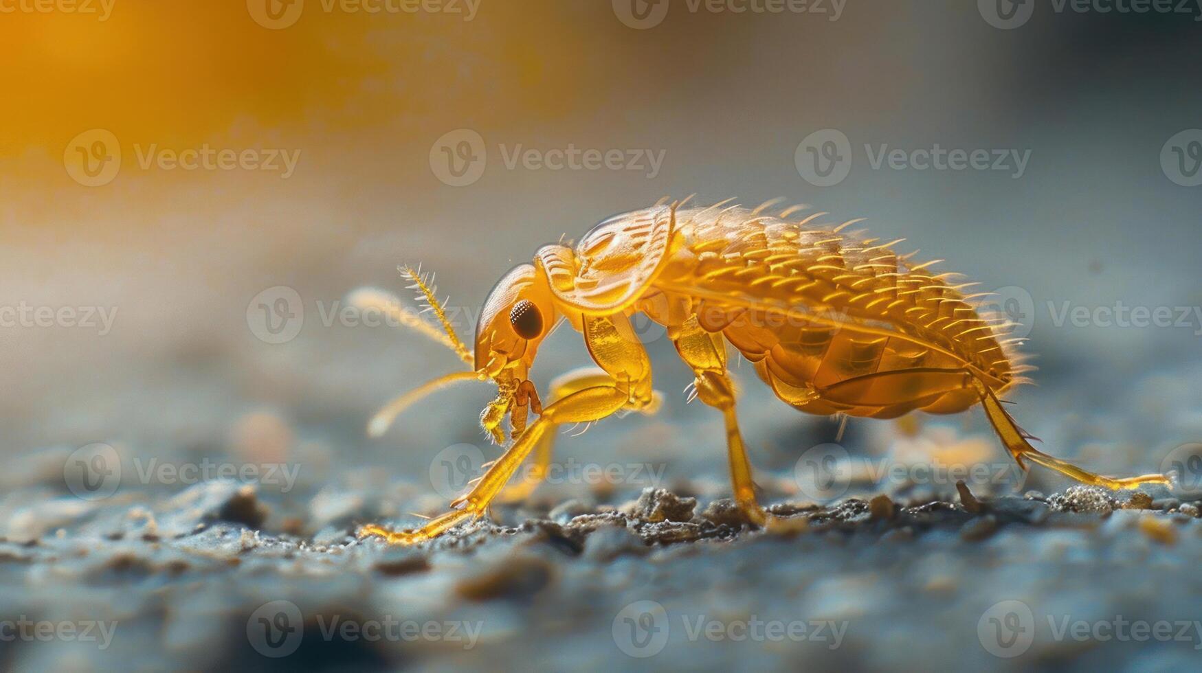 A close-up photograph of a yellowish-brown insect with six legs and two large eyes, standing on a blurry surface. photo
