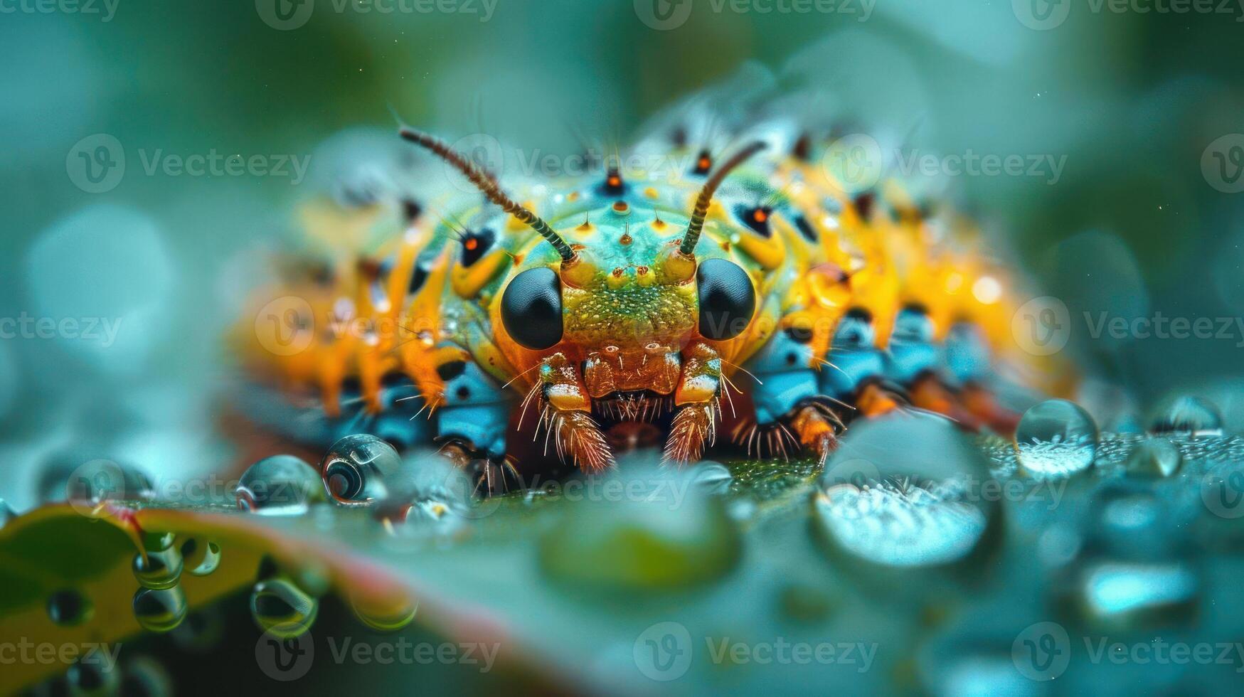 A close-up photograph of a vibrant insect covered in water droplets, showcasing intricate details and textures. photo