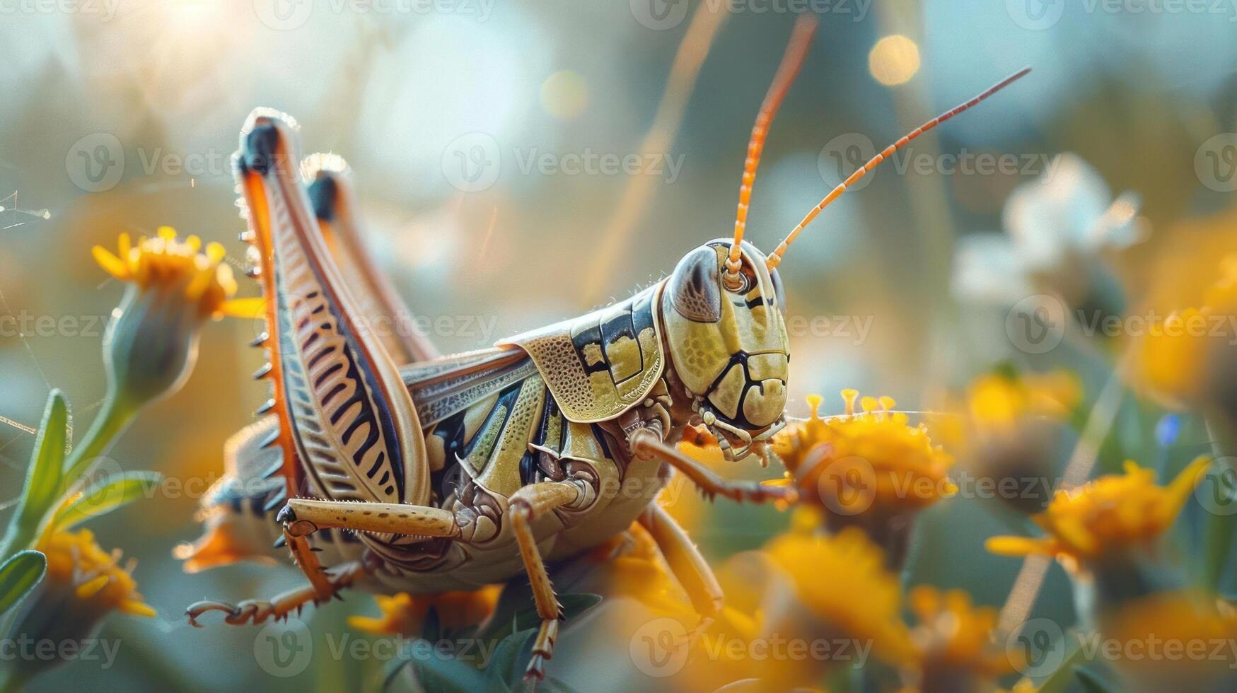 A close-up view of a grasshopper on a leaf, showcasing its intricate details and natural habitat. photo