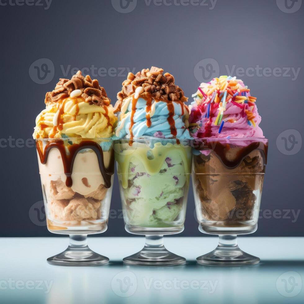 Three different ice cream sundaes in glasses photo
