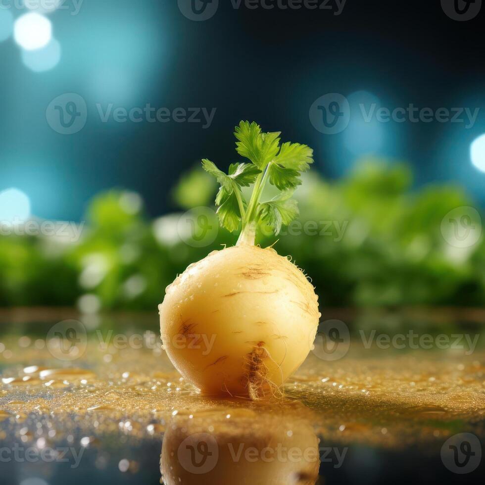 A close-up photograph of a celery root with green leaves sprouting from it. photo
