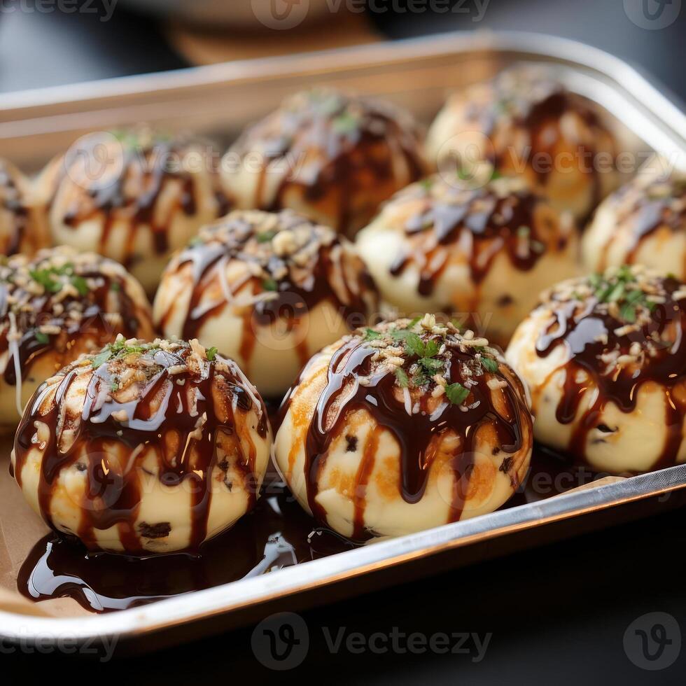 A tray of small balls with sauce photo