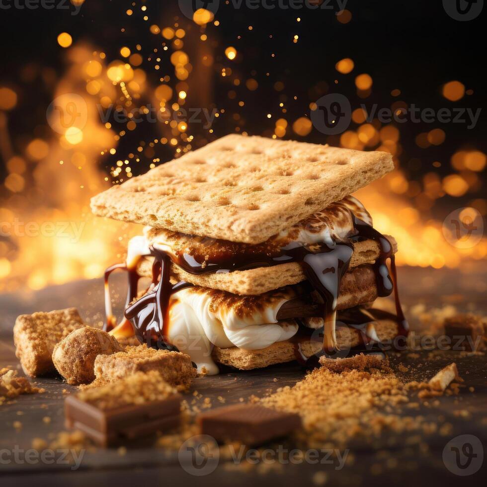 A delicious and gooey s'more with a toasted marshmallow, chocolate, and graham crackers, perfect for a campfire treat. photo