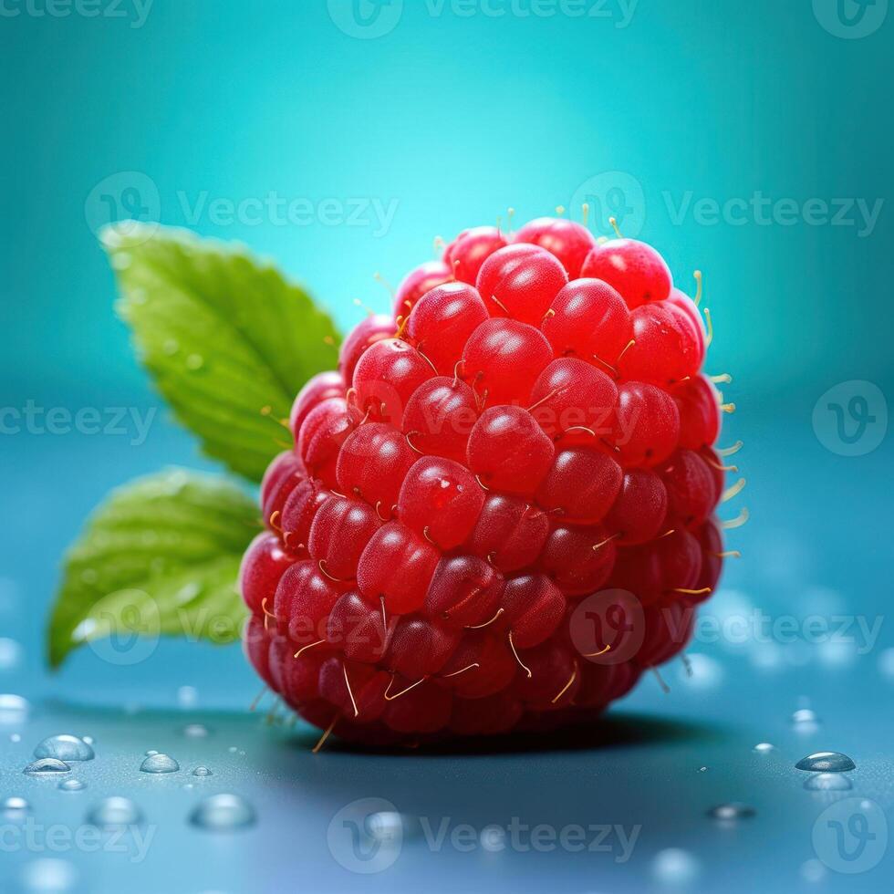 A close-up photograph of a raspberry with two leaves on a blue background, possibly for use as an advertisement or promotional material. photo