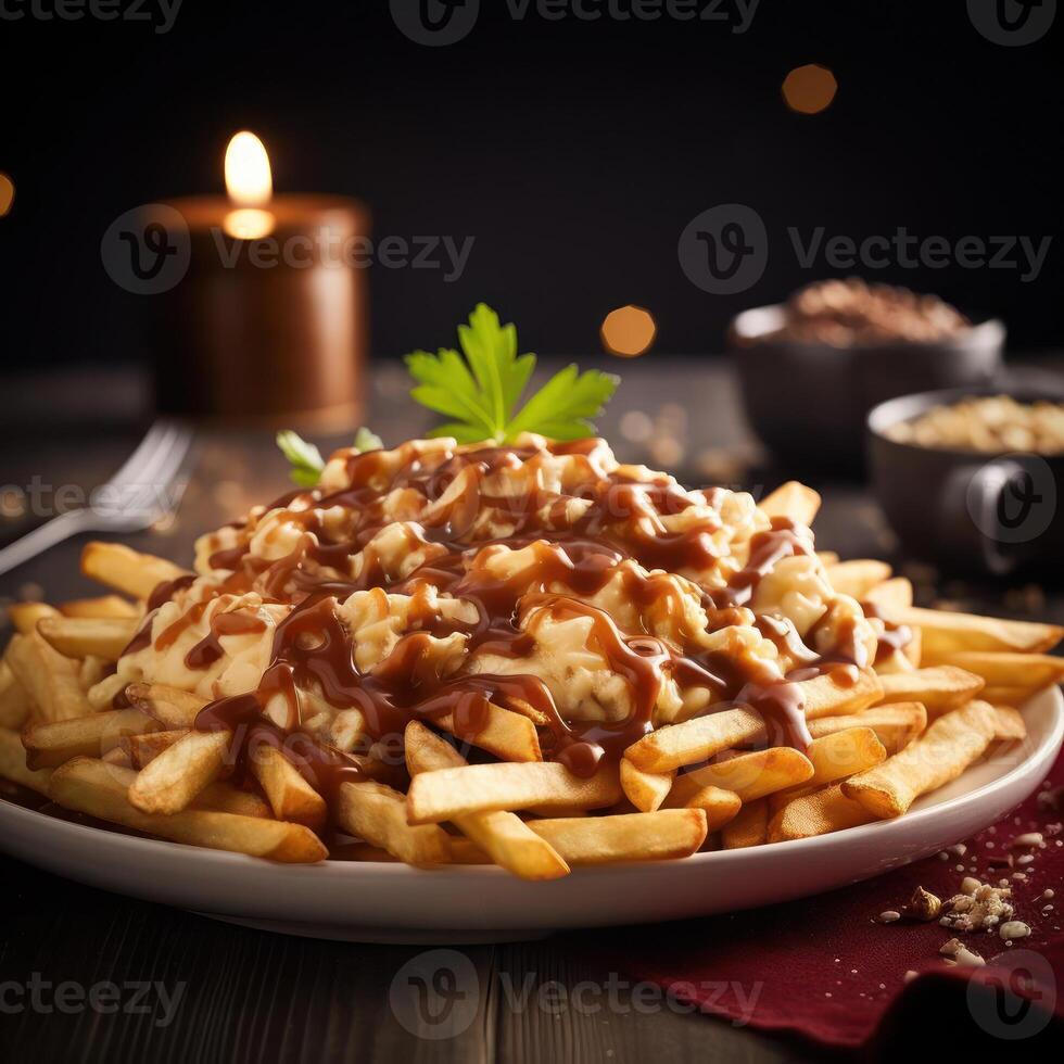 A plate of French fries topped with cheese curds and gravy. photo