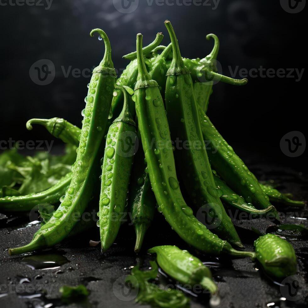 Green hot chili peppers with water droplets on them. photo