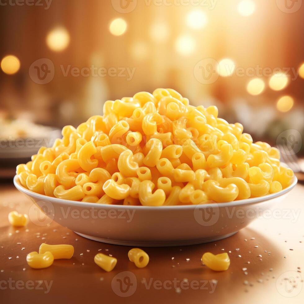 A bowl of macaroni and cheese is depicted, showcasing a rich, creamy sauce enveloping the cooked pasta. photo