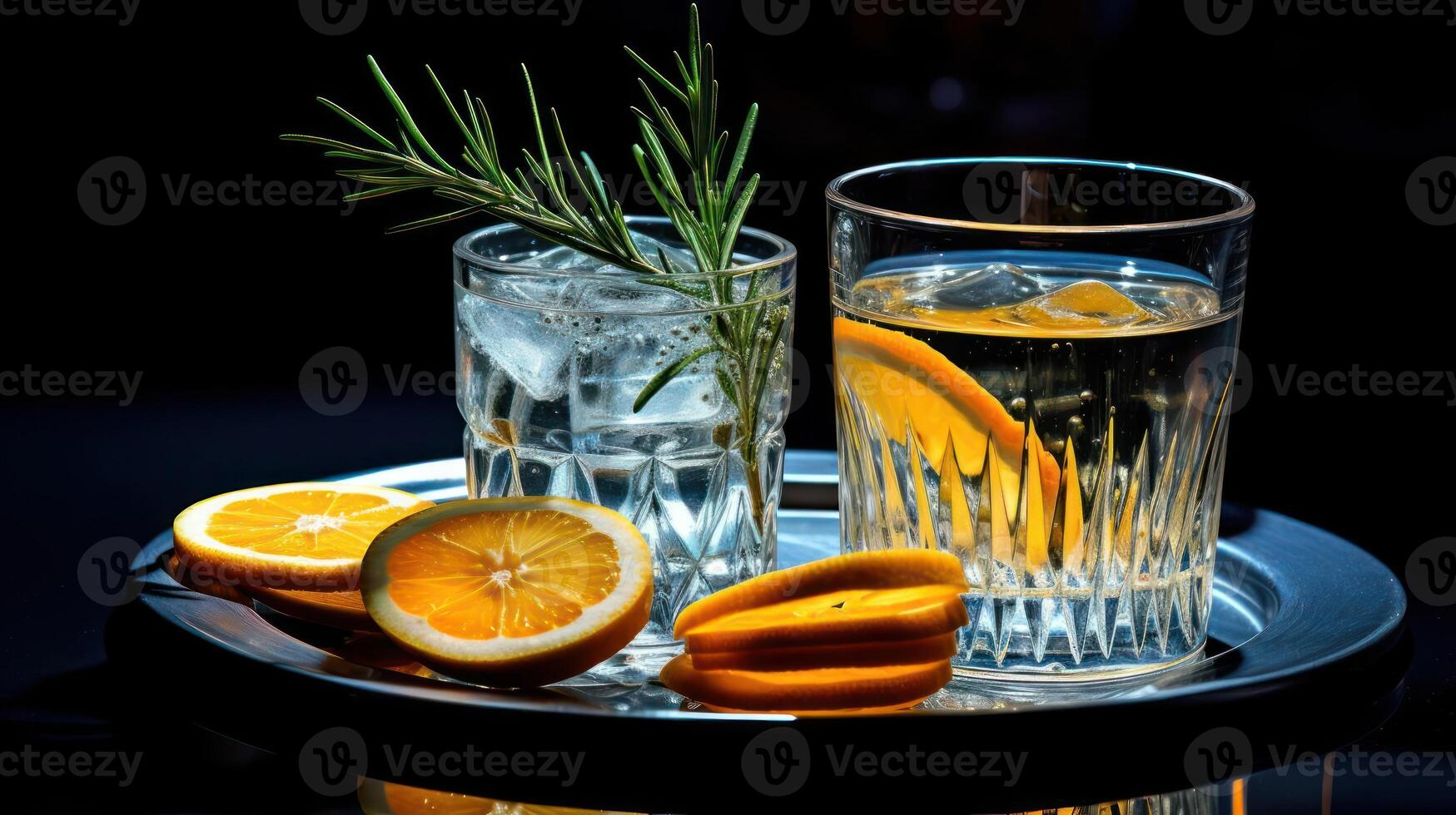 Two glasses of clear liquid with rosemary sprigs and lemon slices on a silver tray. photo