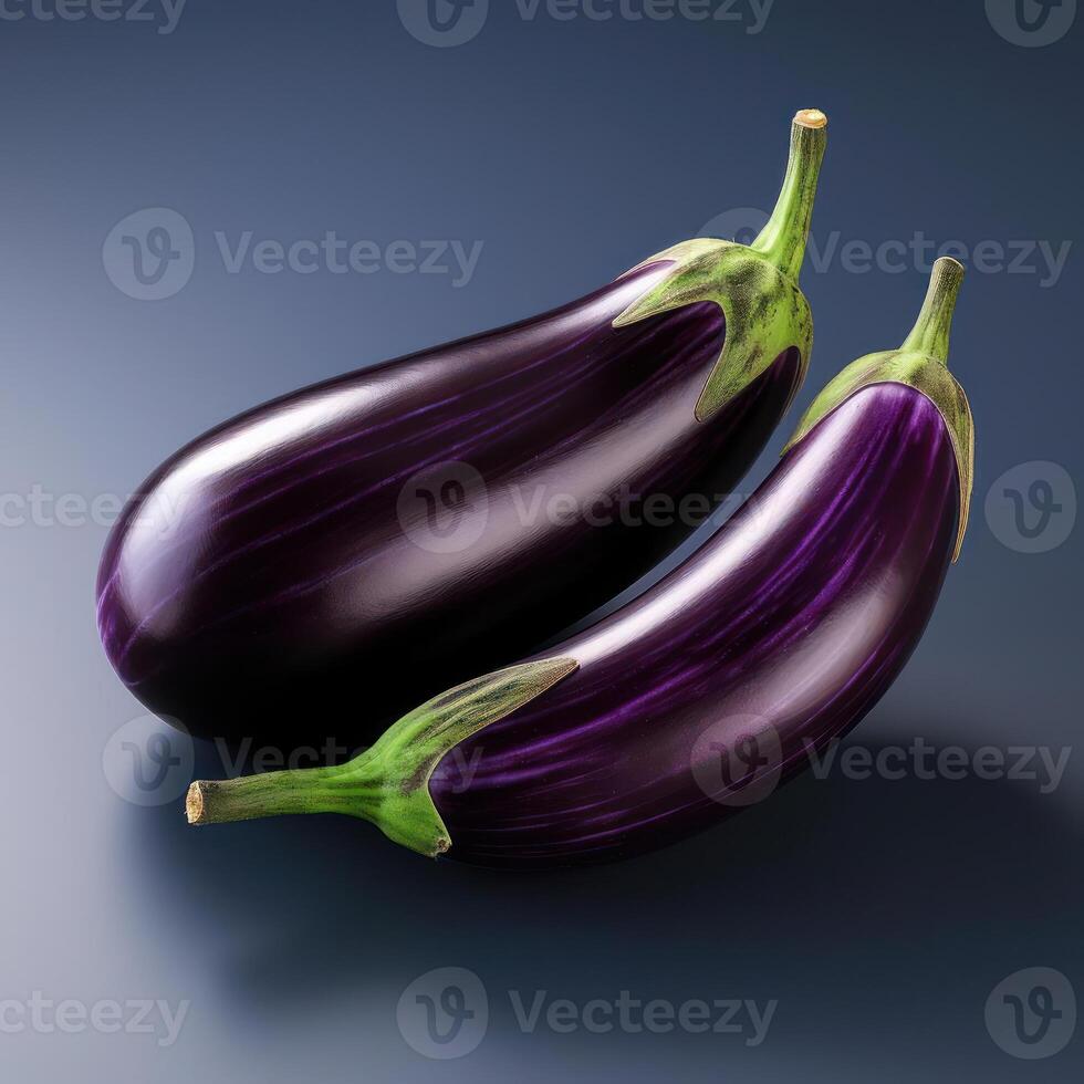 Eggplants are a type of vegetable that belongs to the nightshade family. They have a glossy, purple skin and a spongy texture. The flesh of an eggplant is white and has a slightly bitter taste. photo