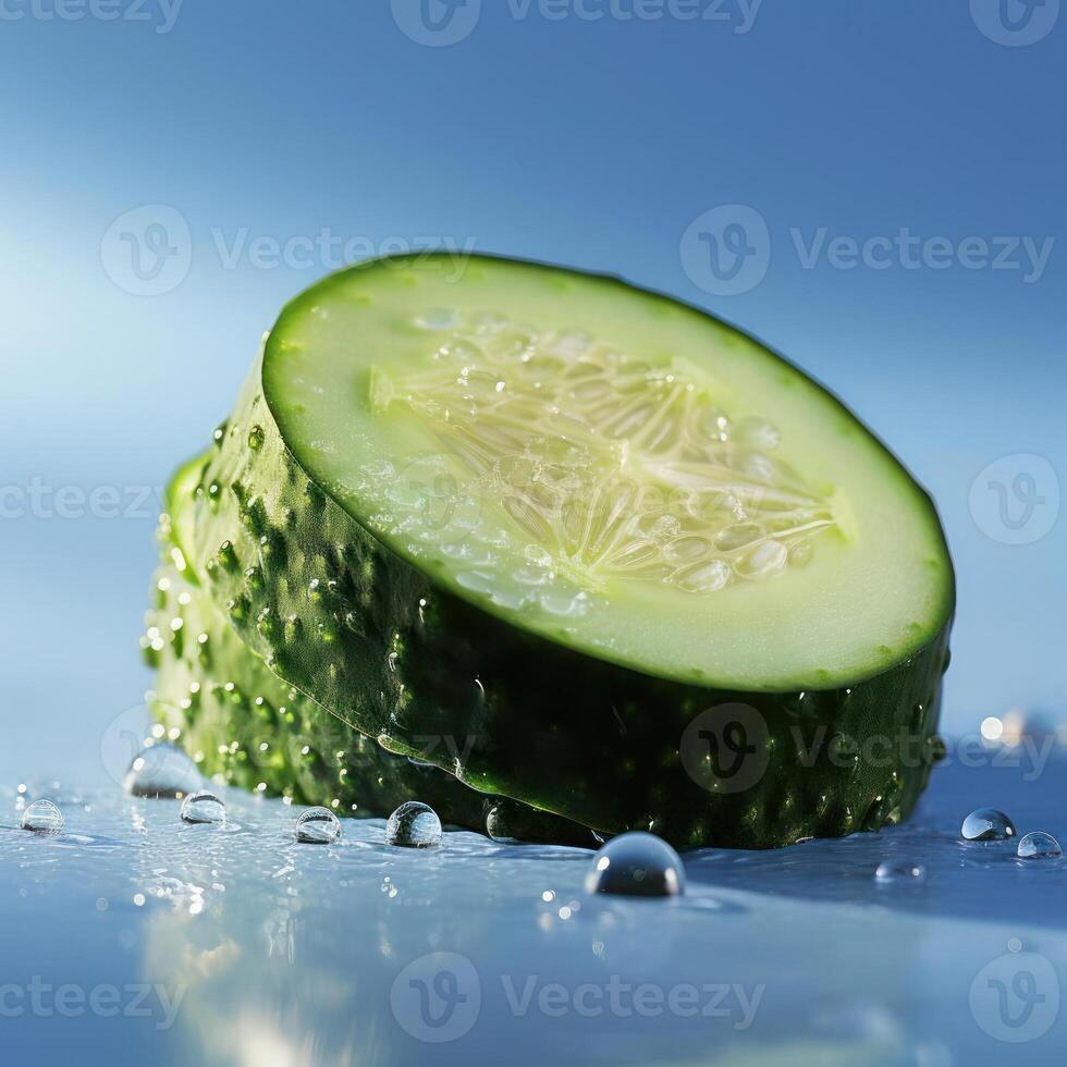A close-up photograph of a cucumber slice with water droplets on it. photo