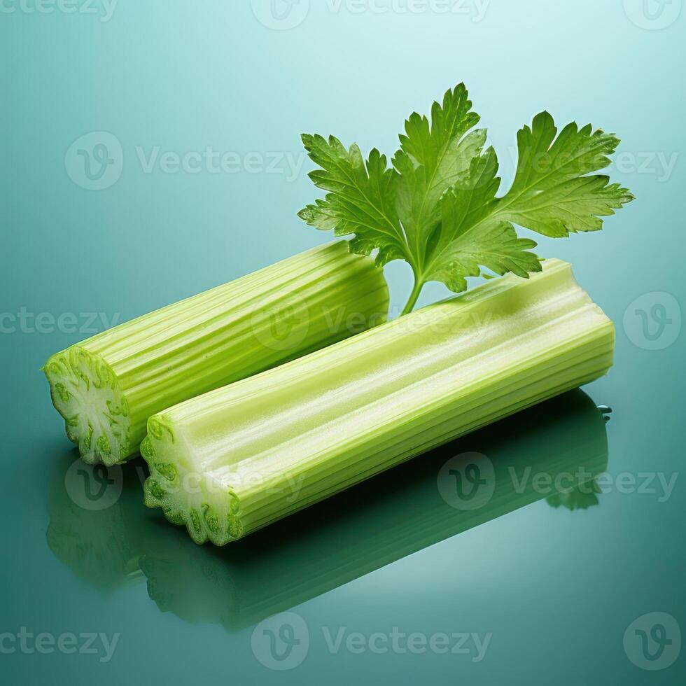 A close-up photograph of two stalks of celery with a sprig of parsley on top. photo