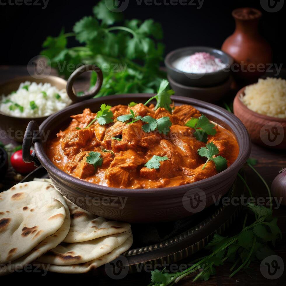 A steaming hot bowl of butter chicken, garnished with fresh cilantro and served with fluffy basmati rice and naan bread. photo