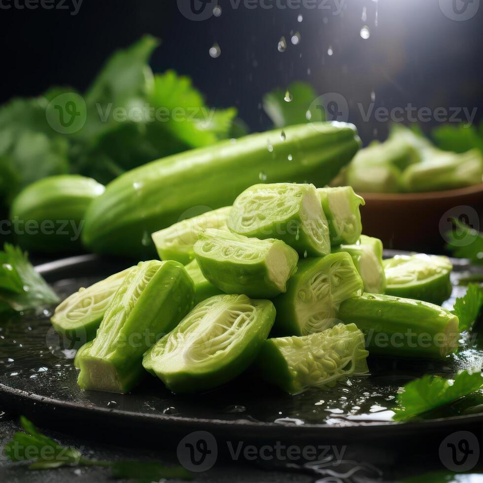 A close-up photograph of sliced cucumbers, garnished with parsley, artfully arranged on a black plate. photo