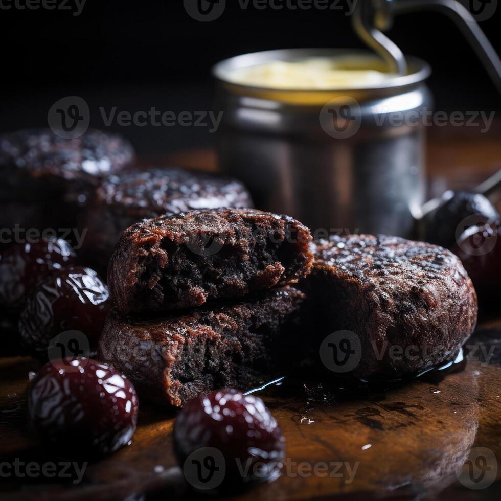A close-up photograph of chocolate truffles with cherries photo