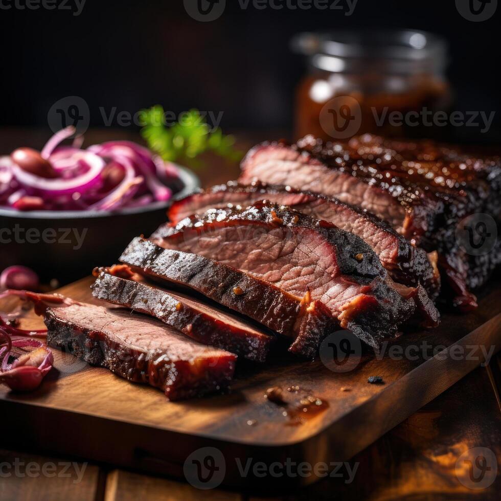 A close-up photograph of sliced beef brisket on a wooden cutting board, garnished with fresh herbs and served with a side of tangy barbecue sauce. photo