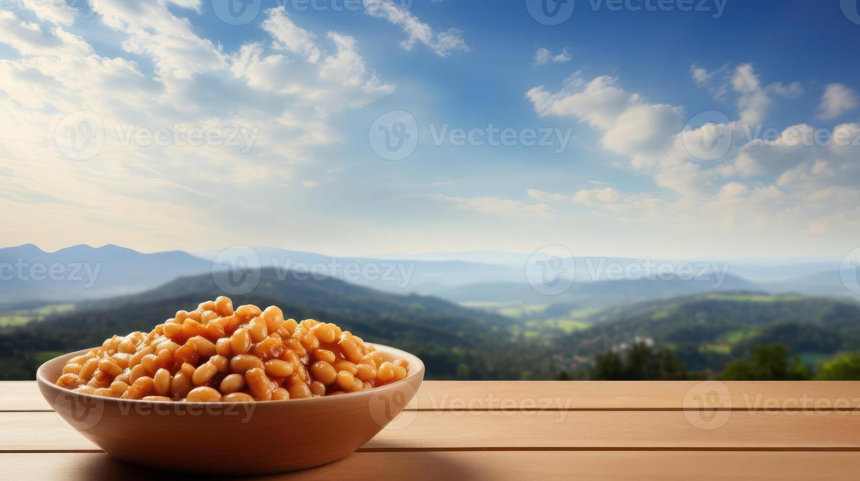 A bowl of baked beans on a wooden table with mountains and blue sky in the background. photo