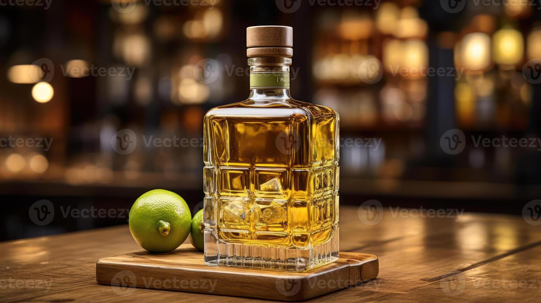 A bottle of whiskey with a green label on it, sitting on top of a bar. photo