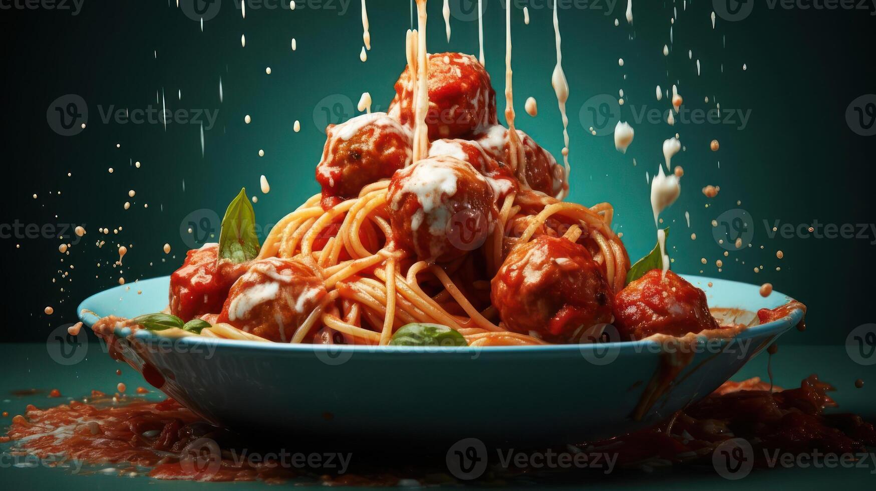 A bowl of spaghetti topped with meatballs and tomato sauce photo
