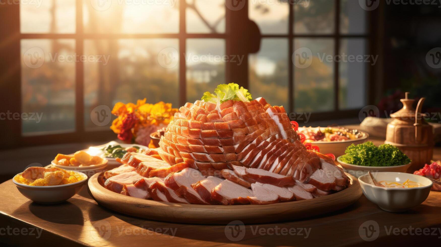 A large platter of sliced ham on a table with various side dishes photo