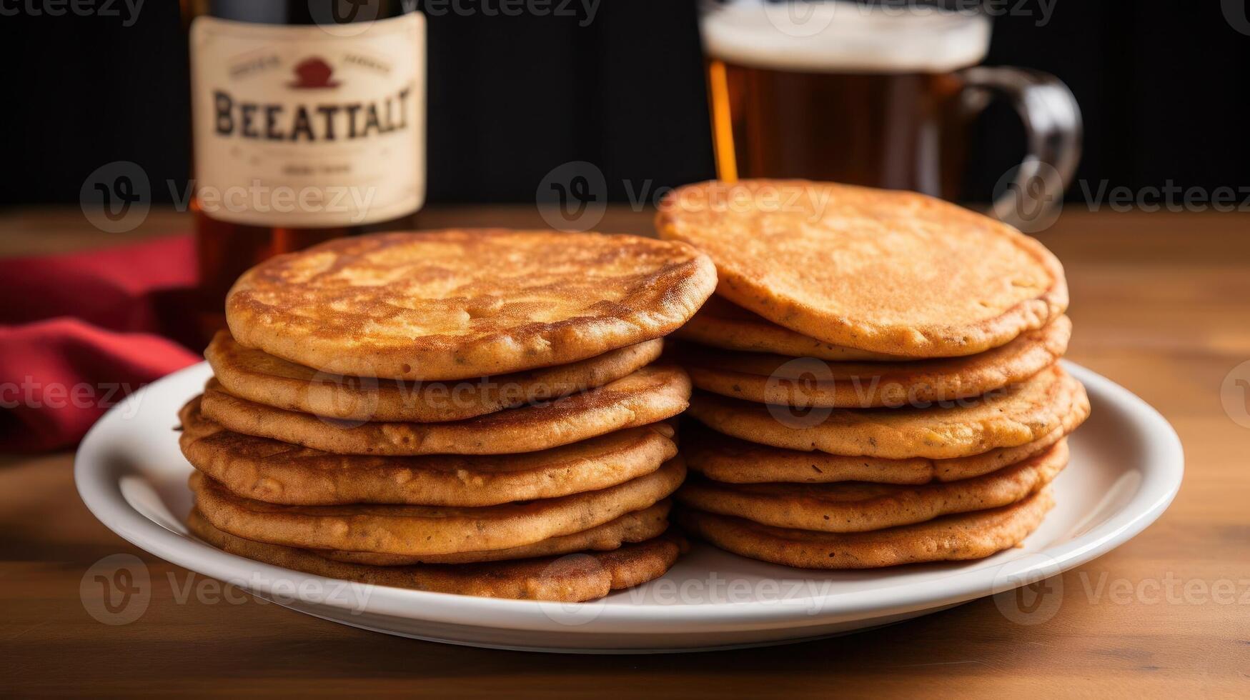 Stack of pancakes on a plate with a bottle of maple syrup and a mug of coffee photo