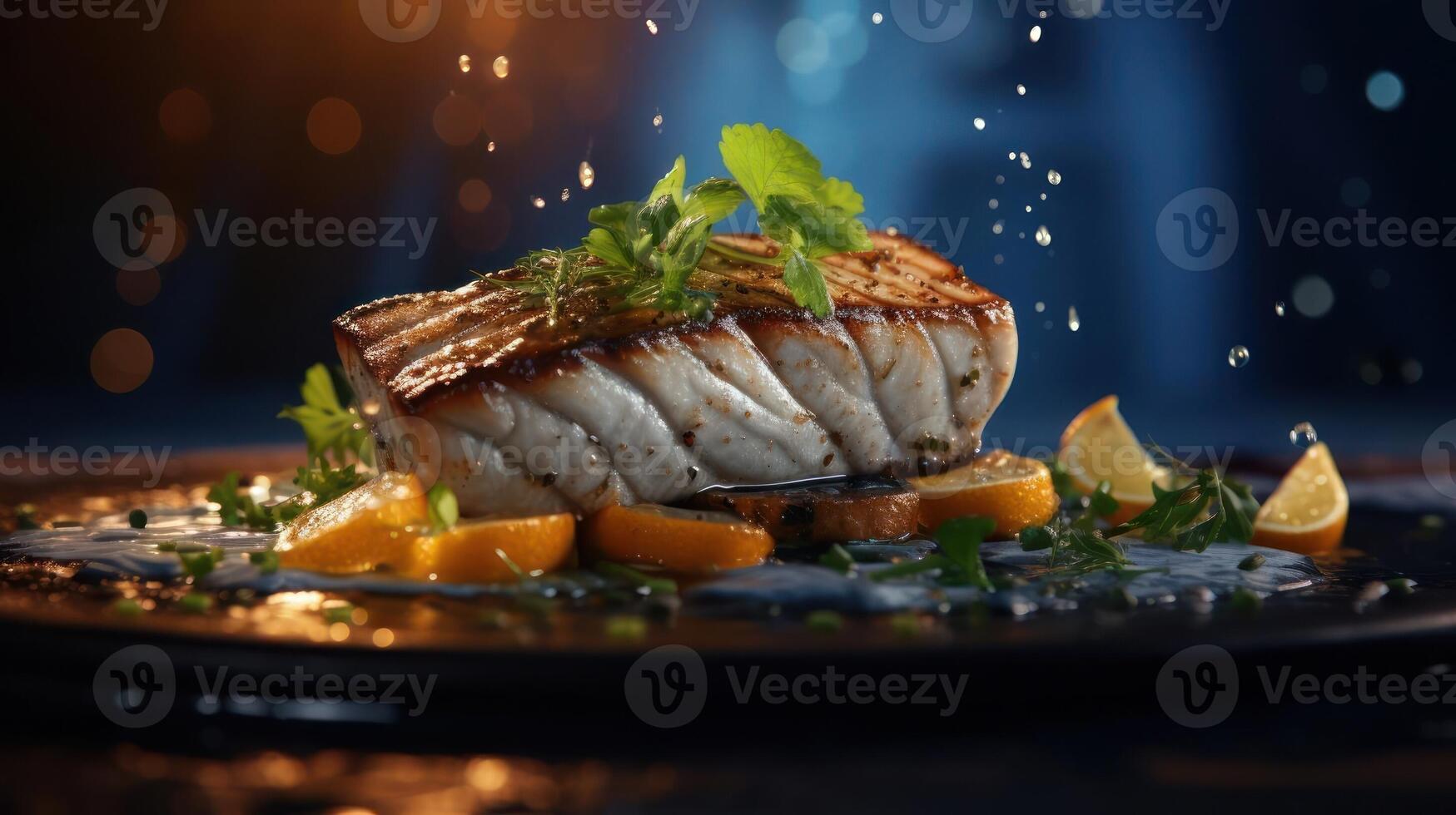A piece of fish on a plate with lemon and herbs photo