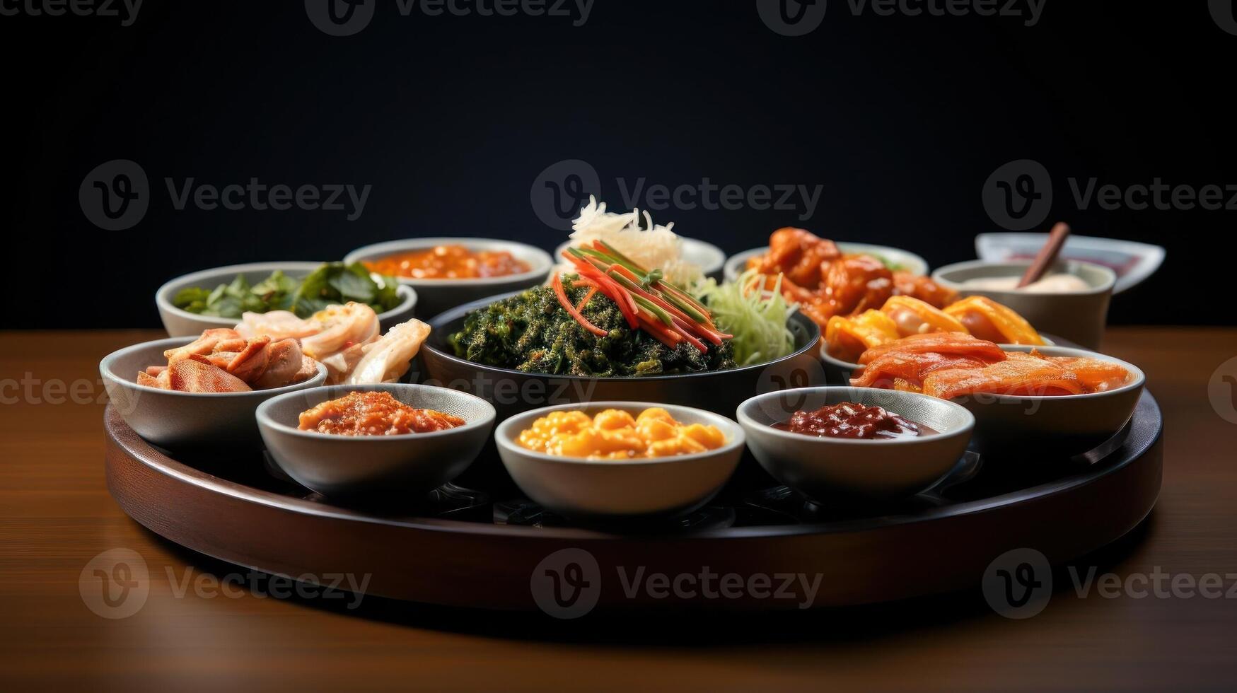 A variety of dishes arranged on a round wooden tray photo