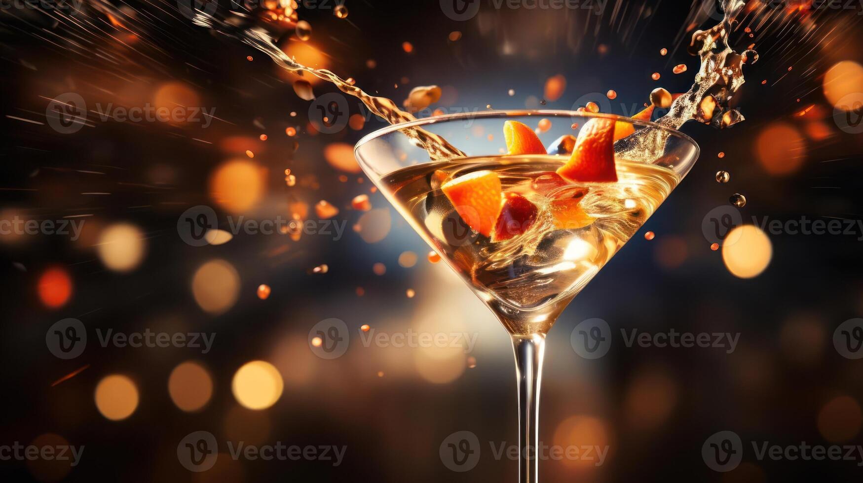 A cocktail with a splash of liquid and fruit pieces photo