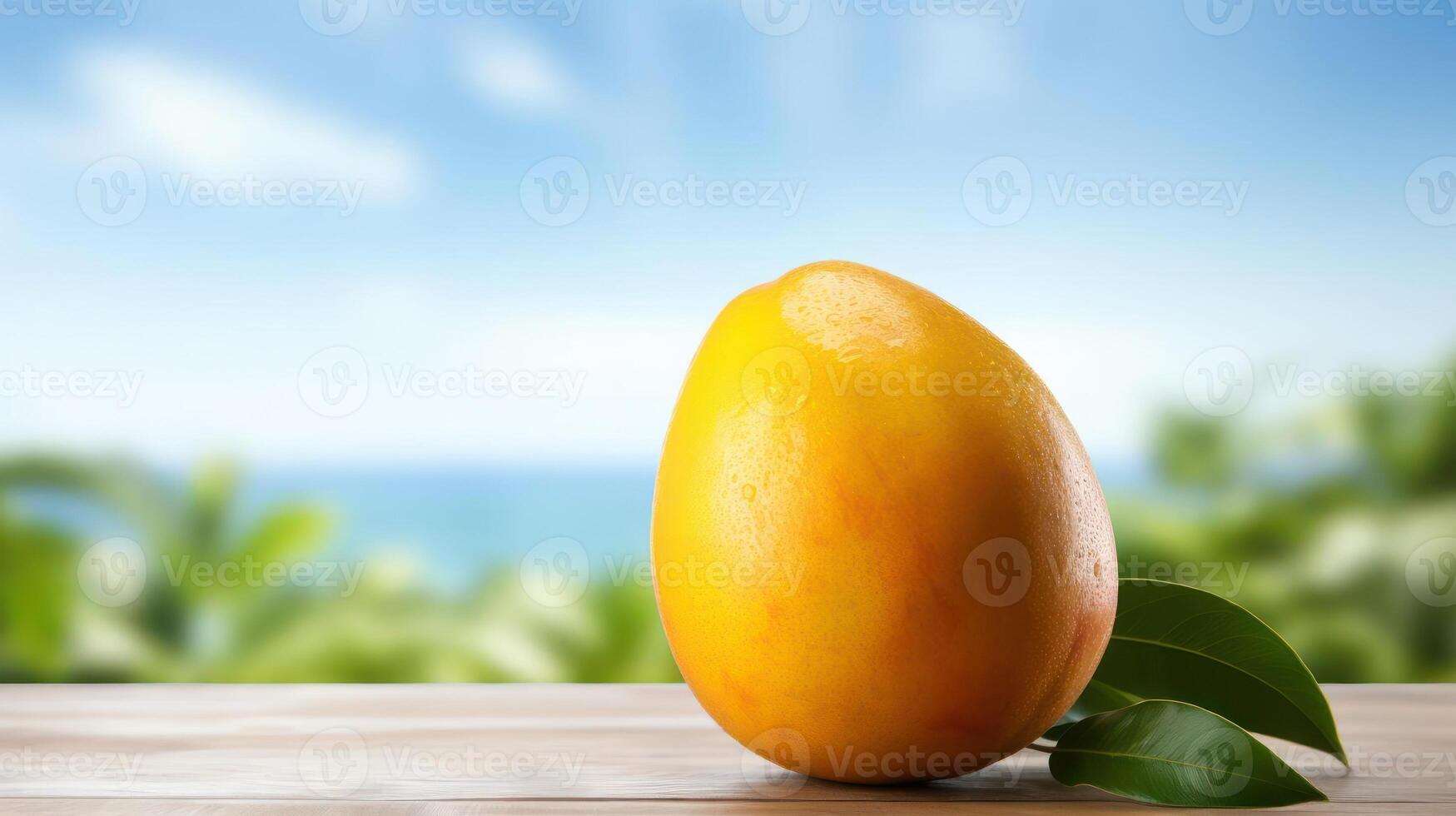 A ripe mango with leaves on a wooden table photo