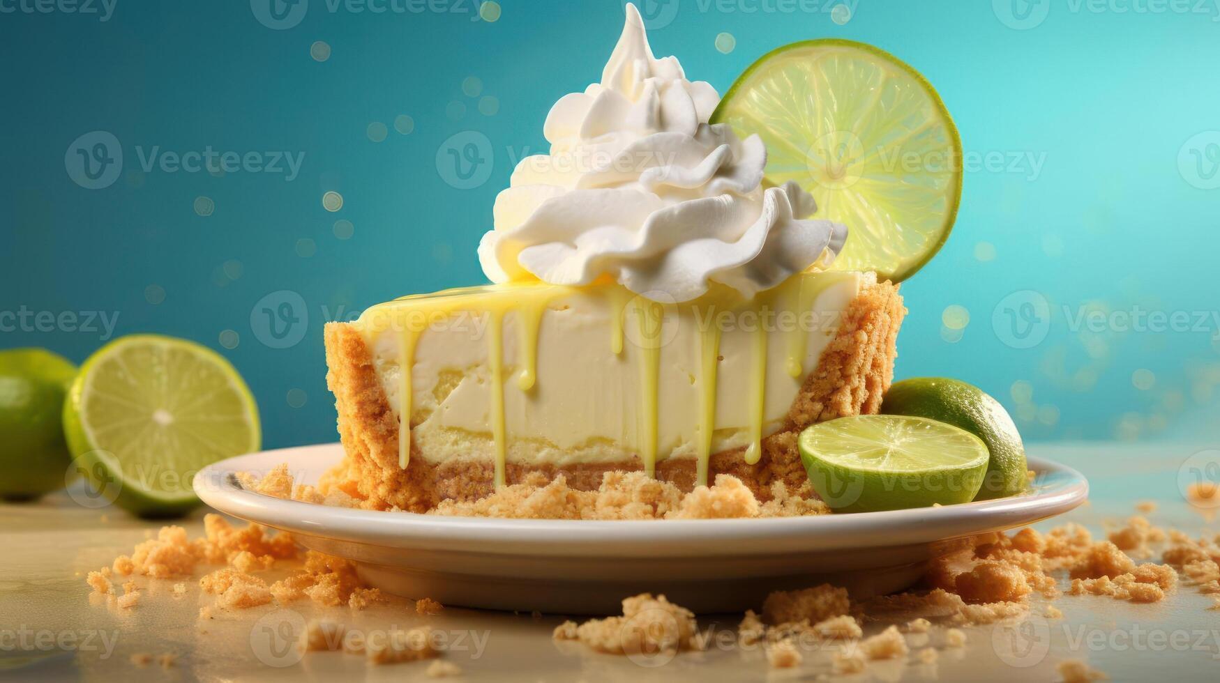 A slice of key lime pie on a white plate, garnished with whipped cream and a sprinkle of lime zest. photo