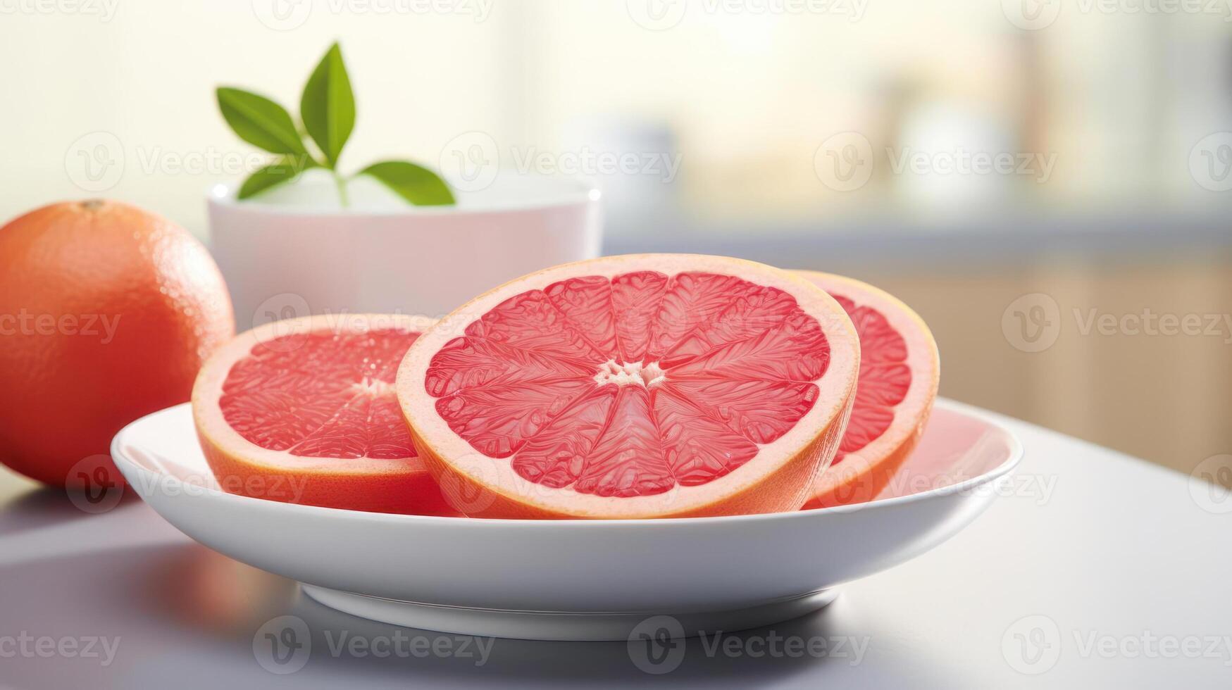 A grapefruit cut into slices on a white plate photo