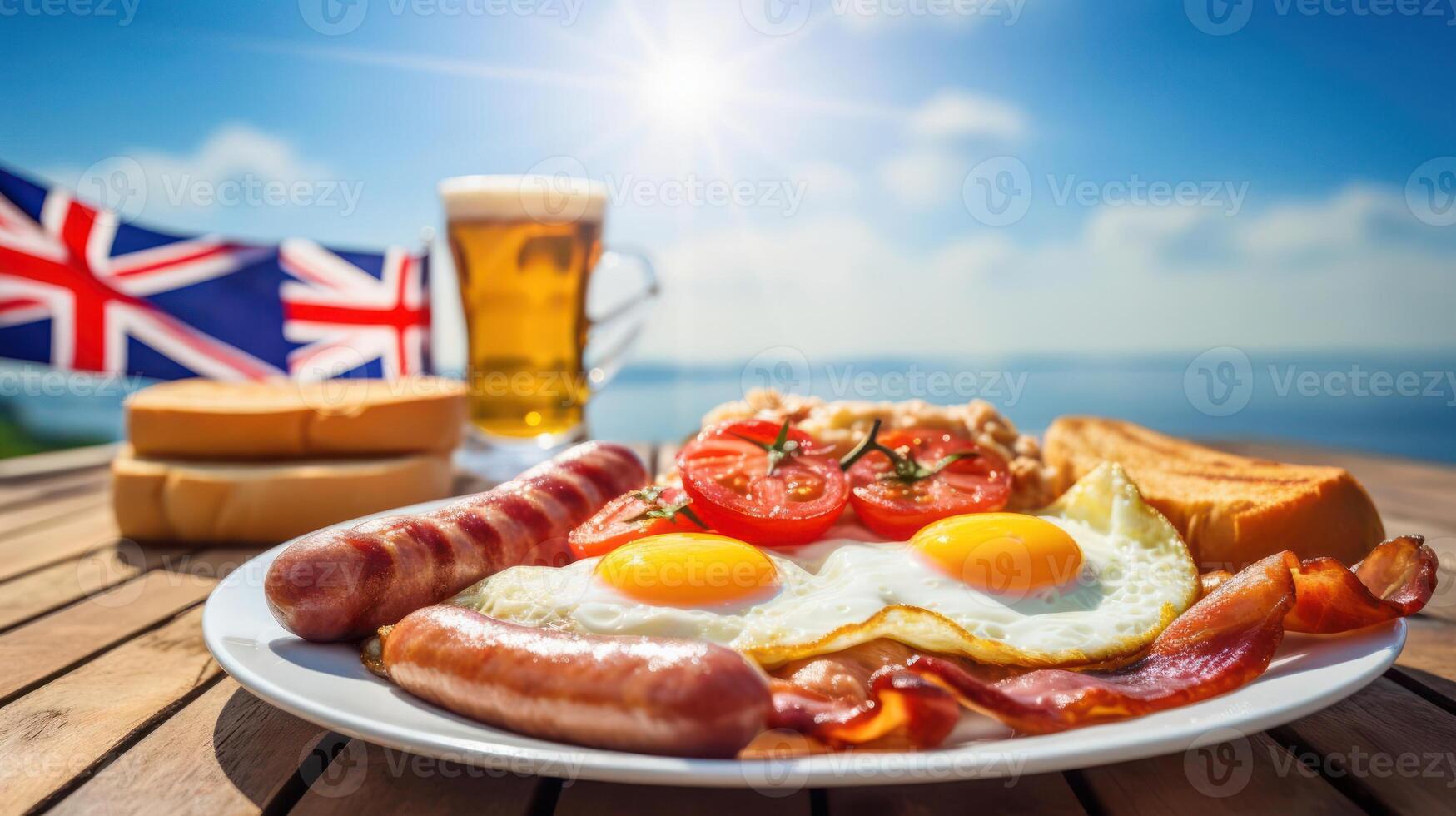 A plate of food with eggs, sausages, bacon, tomatoes, and bread on a table with a glass of beer and a Union Jack flag in the background. photo