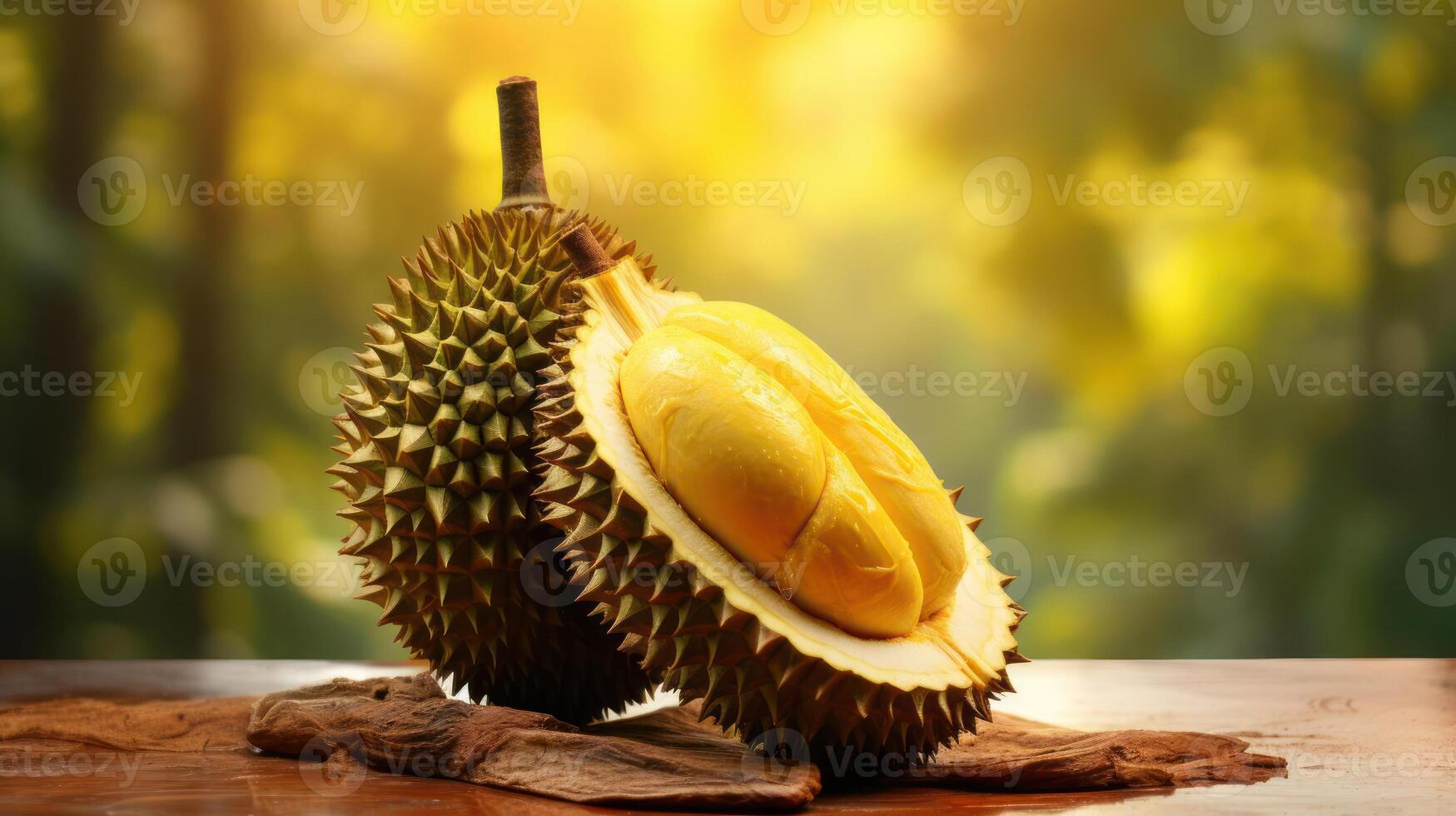 A durian fruit with its shell open, revealing the creamy flesh inside. photo