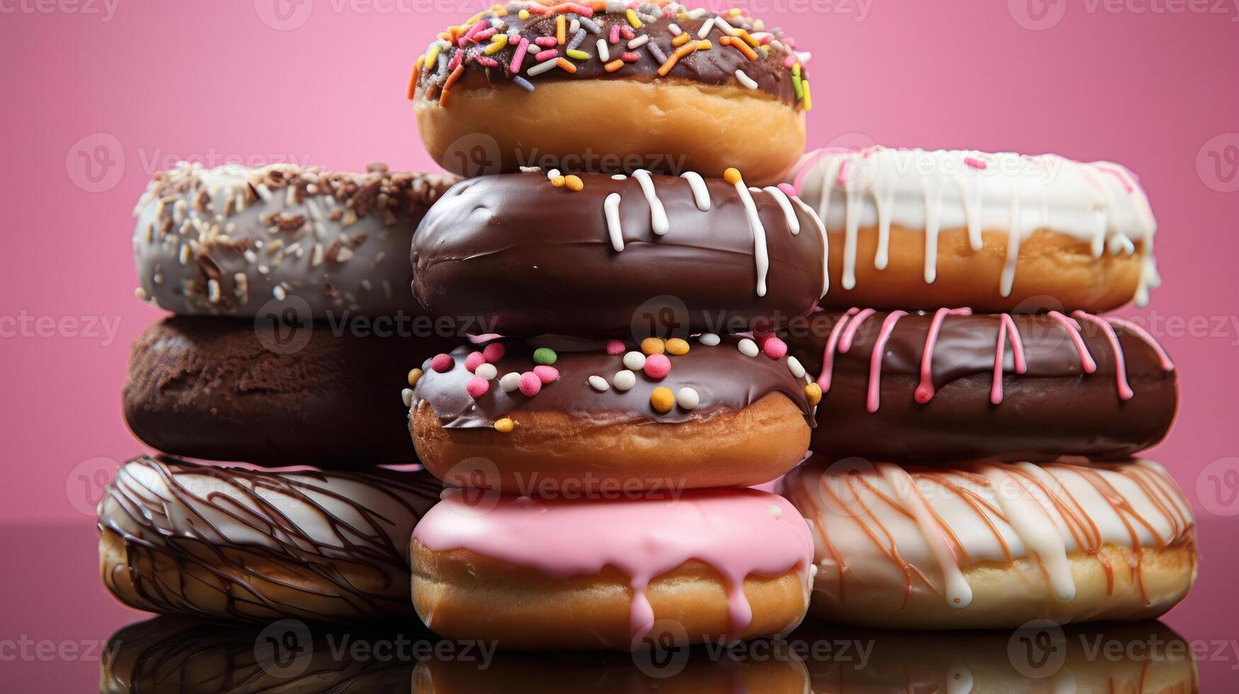 A stack of colorful donuts with various toppings and frostings. photo