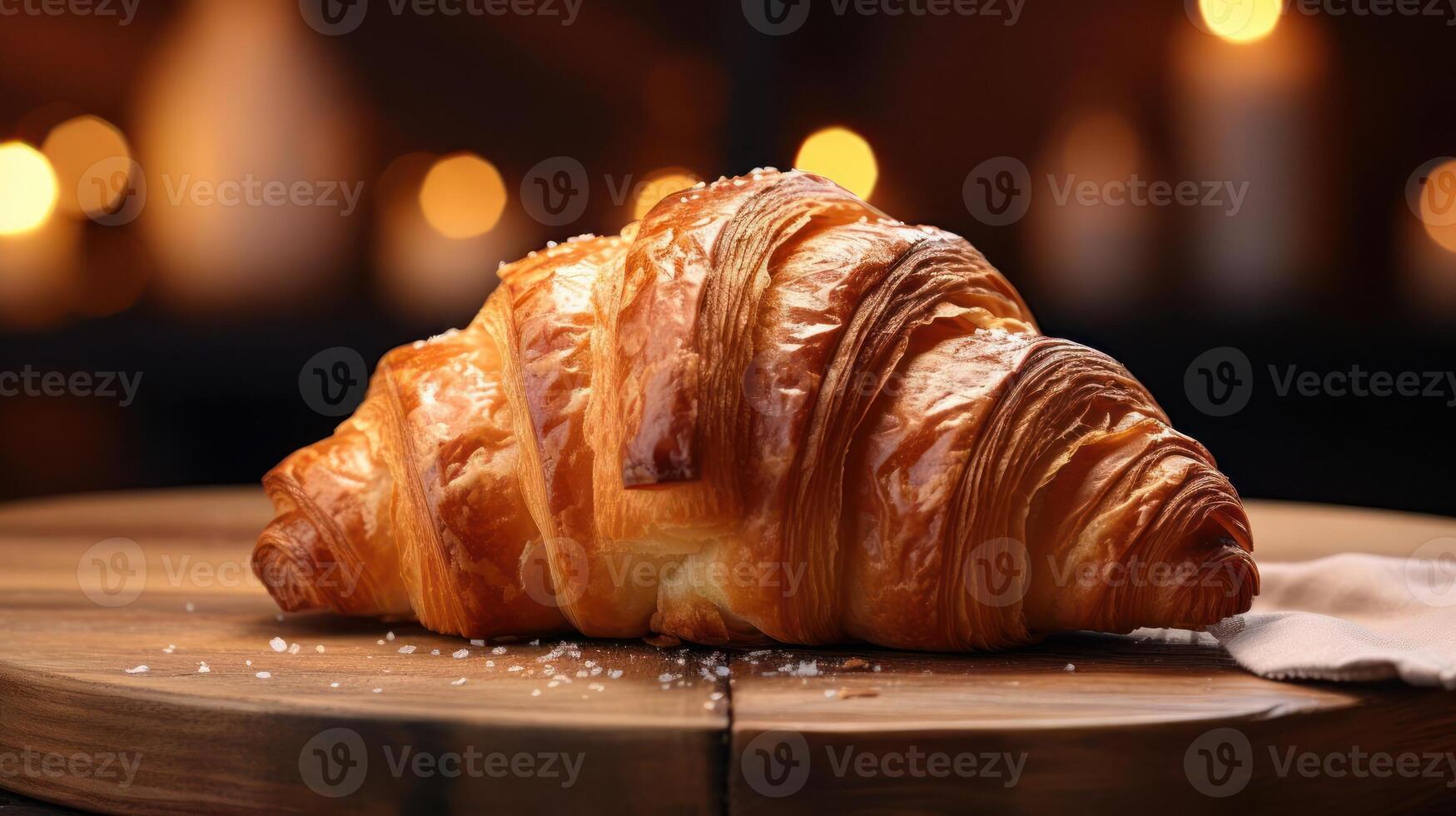 A golden brown croissant sprinkled with sugar on a wooden table photo
