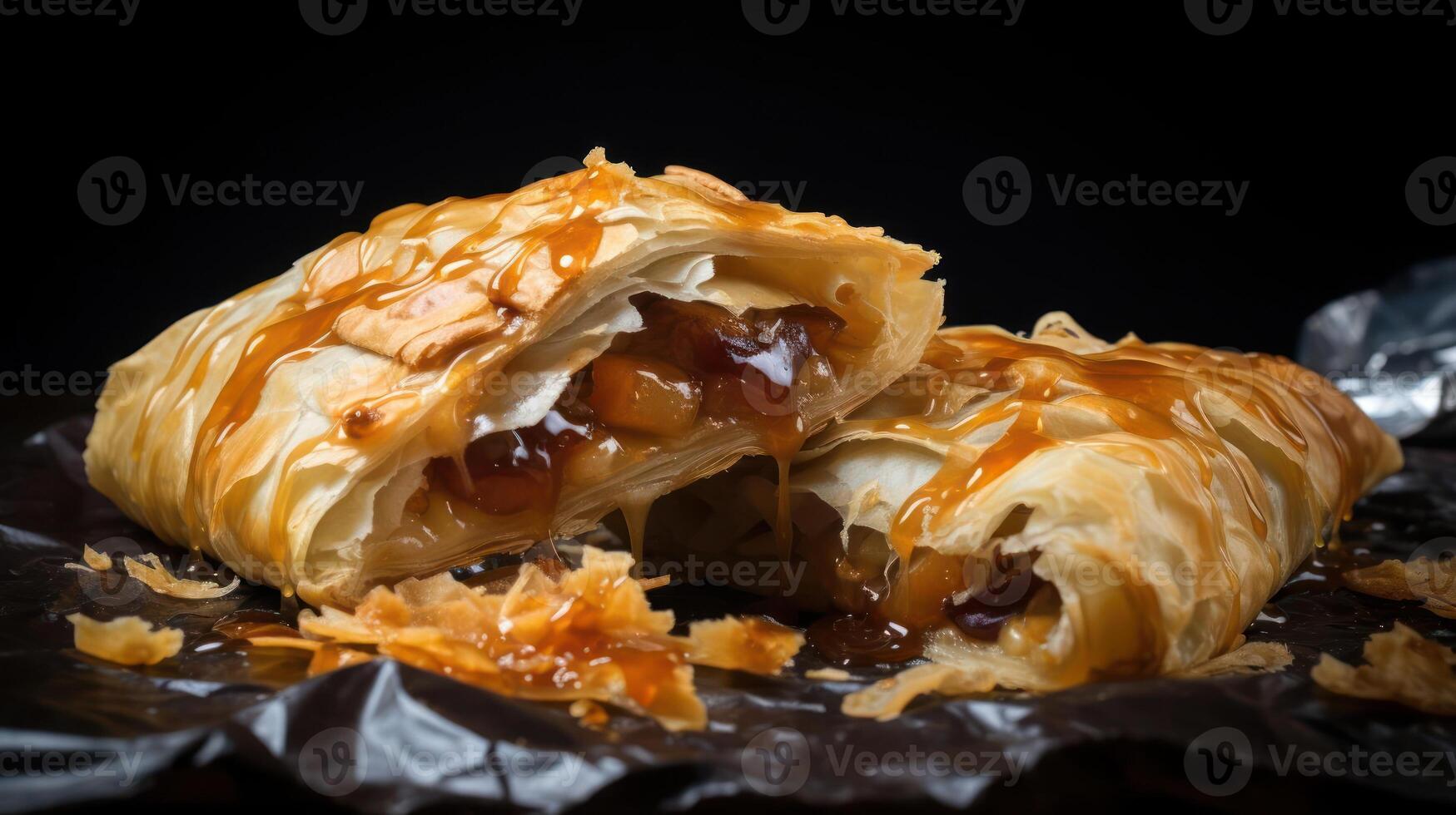 A close-up photograph of two apple strudels with caramel sauce on top photo
