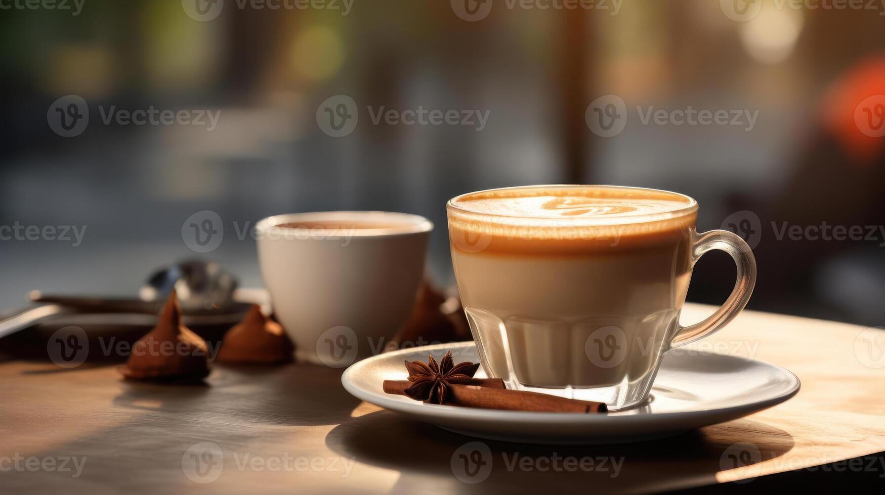 A photograph of two cups of coffee on a wooden table with an out-of-focus background. photo