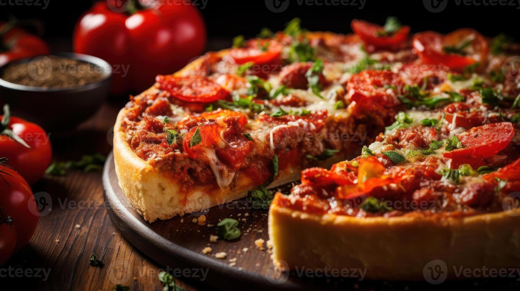A deep-dish pizza with a thick crust and toppings is displayed on a wooden table. photo