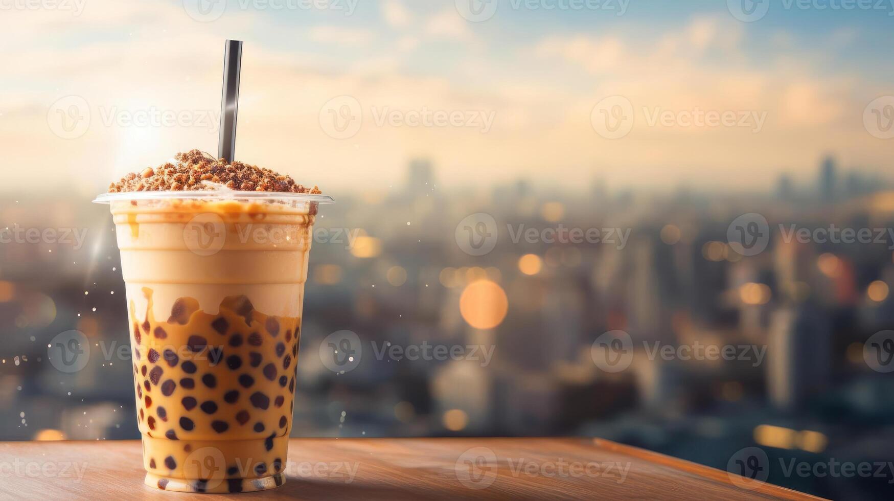 A cup of boba tea with a straw on top of a wooden table overlooking a city skyline. photo