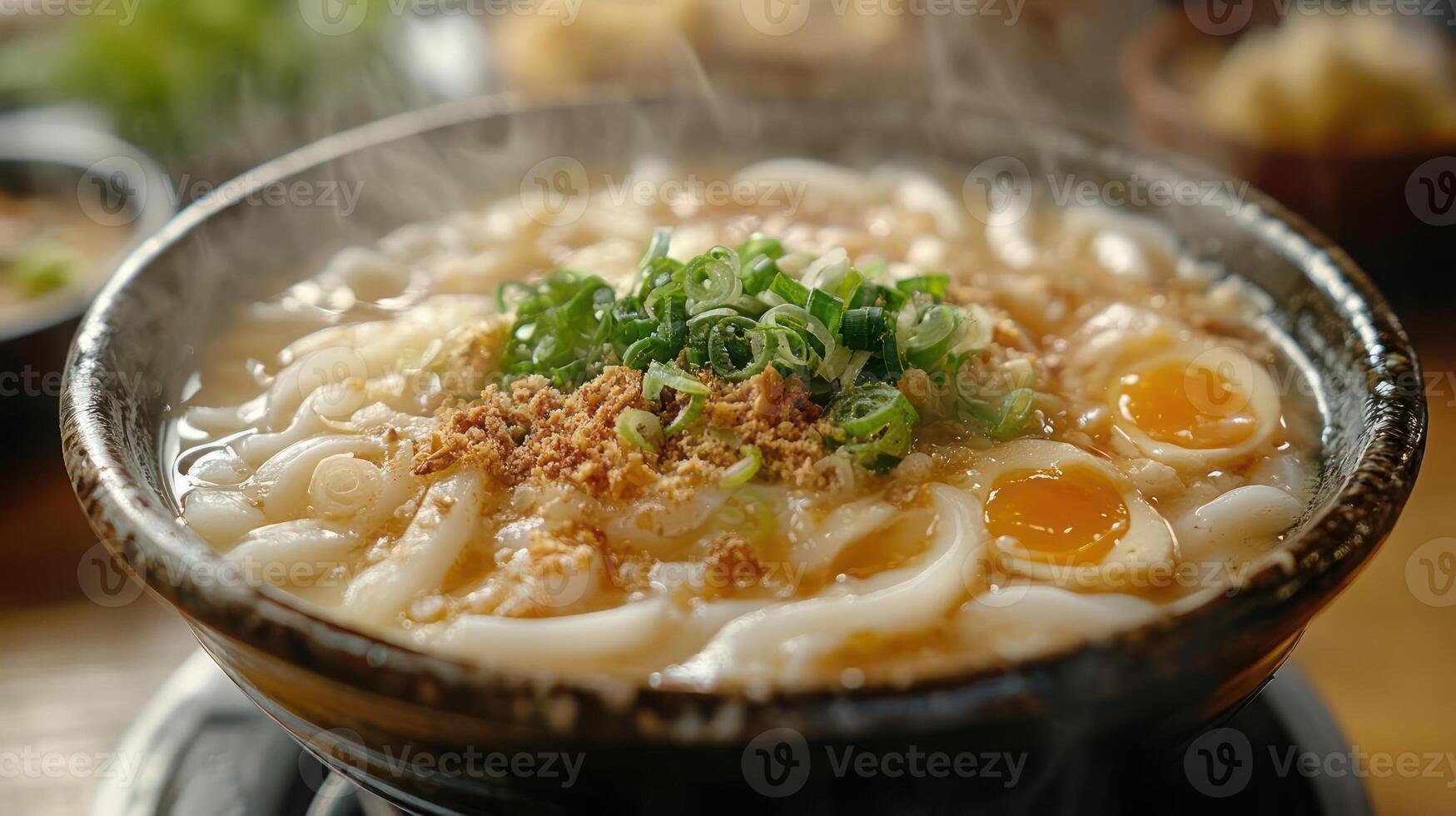 A steaming bowl of udon noodles in a savory broth, topped with green onions and other ingredients. photo