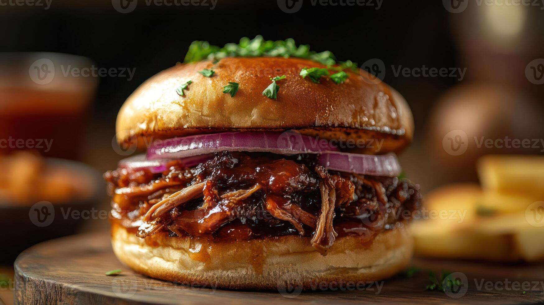 A pulled pork sandwich on a toasted bun with red onion and green chives. photo