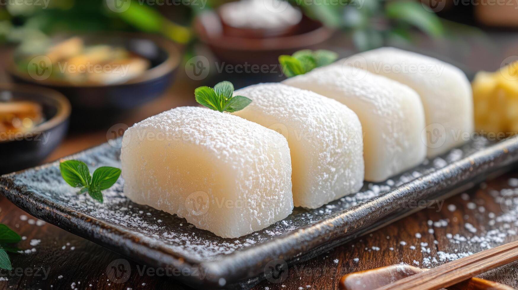 Japanese daifuku mochi with red bean paste filling on a plate photo