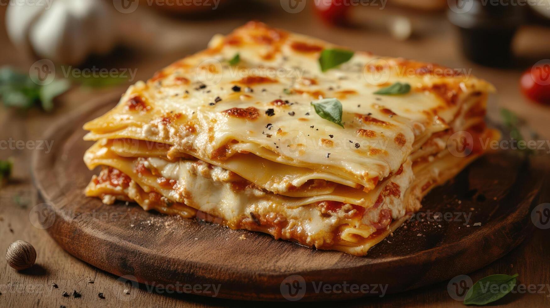 A close-up photograph of a slice of lasagna on a wooden plate. photo