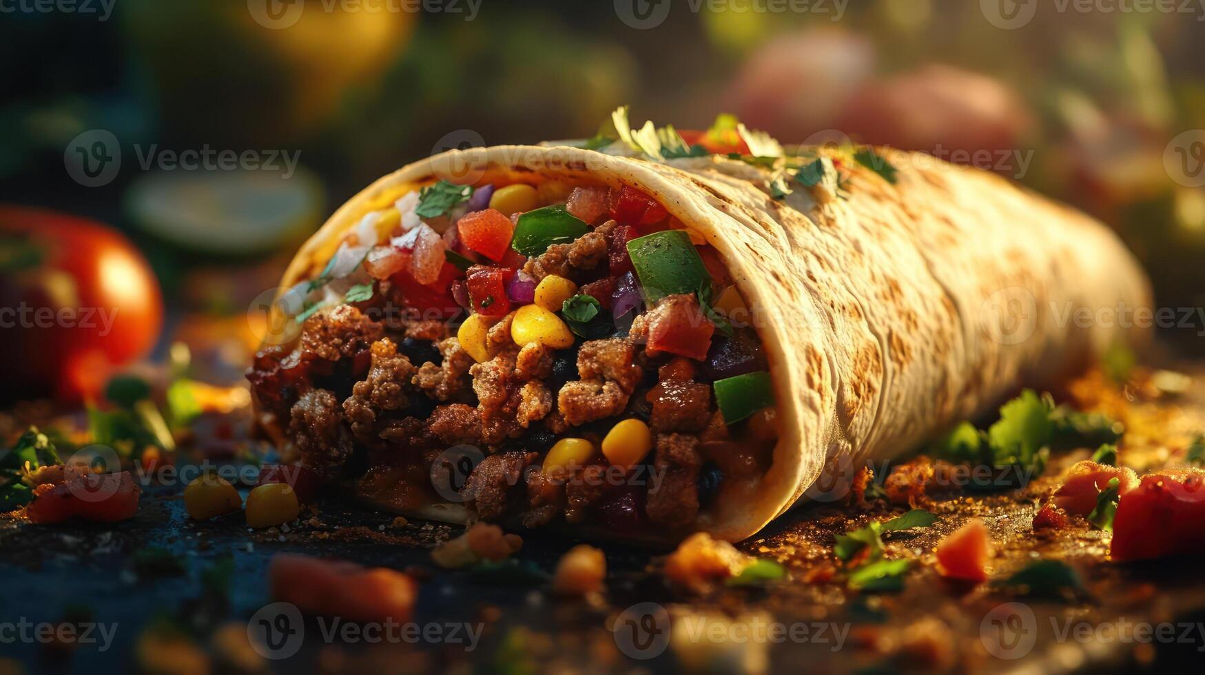 A close-up photograph of a burrito with various toppings and fillings, showcasing its texture and flavors. photo