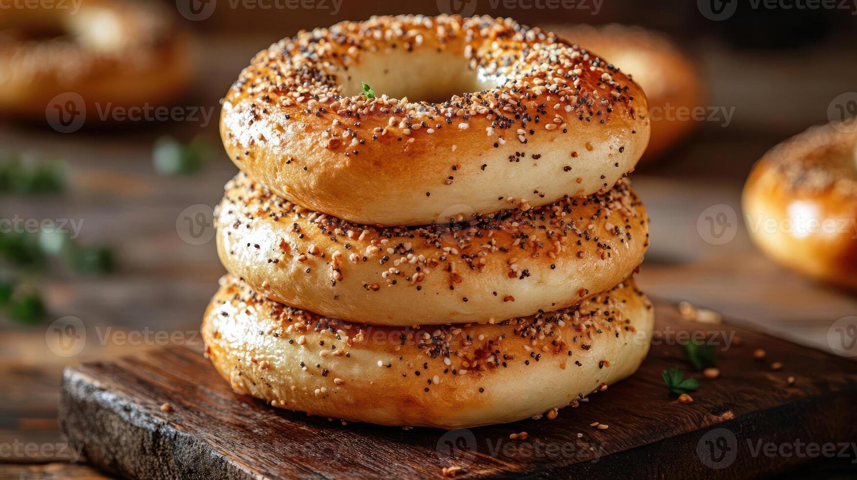 A stack of three bagels with poppy seeds and sesame seeds on top of a wooden board. photo
